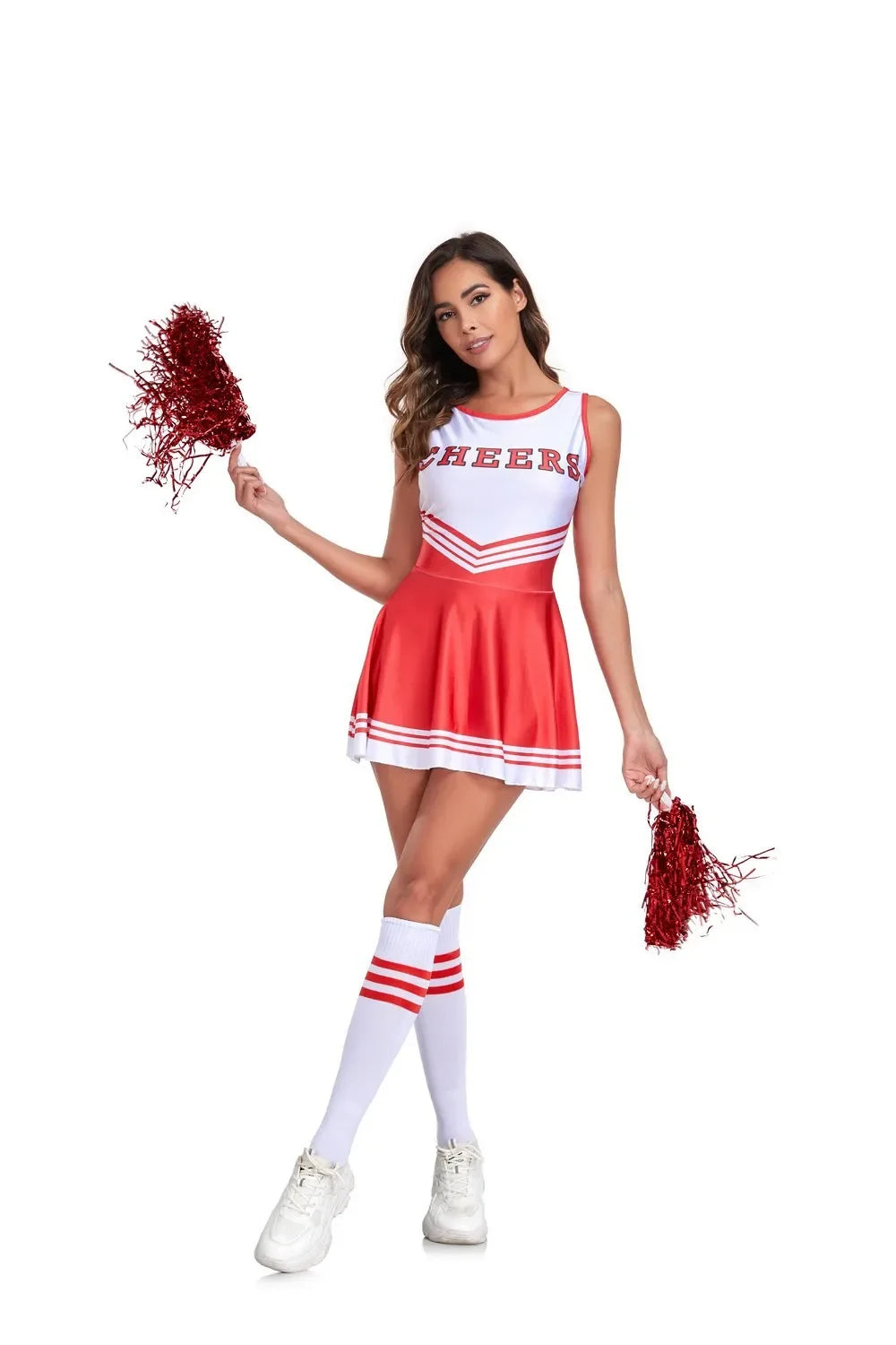 Cheerleader costume for women, sports uniform set with pleated skirt and top, perfect for Halloween or cosplay events.