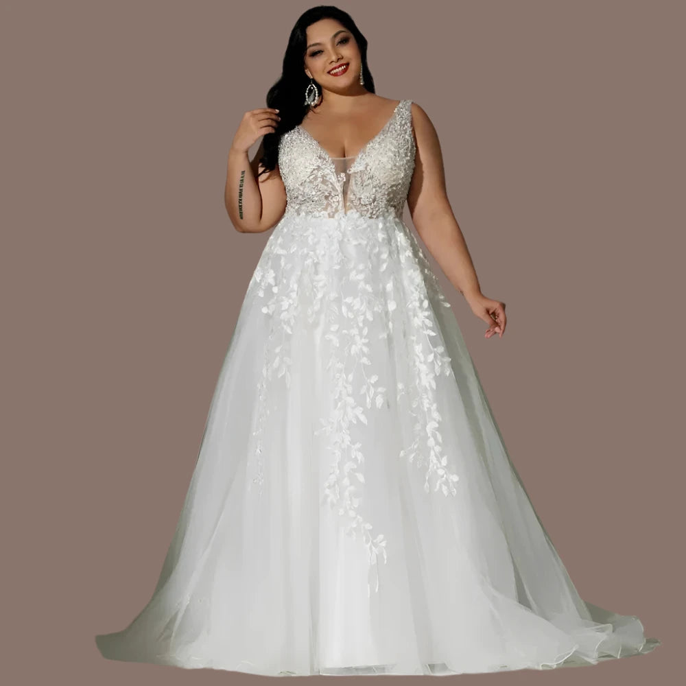 Lace Boho Wedding Dresses Plus Size Women Bride Sleeveless A Line