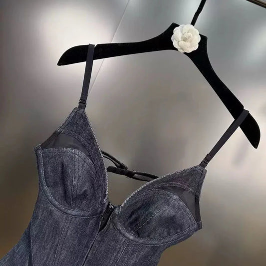 Trendy Patchwork Mesh Denim Camisole Vest For Women Outwear Backless Tank Top