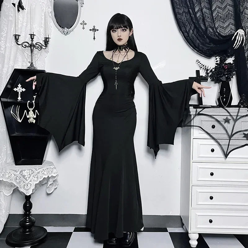 Women's Gothic Halloween dress with batwing sleeves in black, featuring a stylish and spooky design from The Clothing Company Sydney