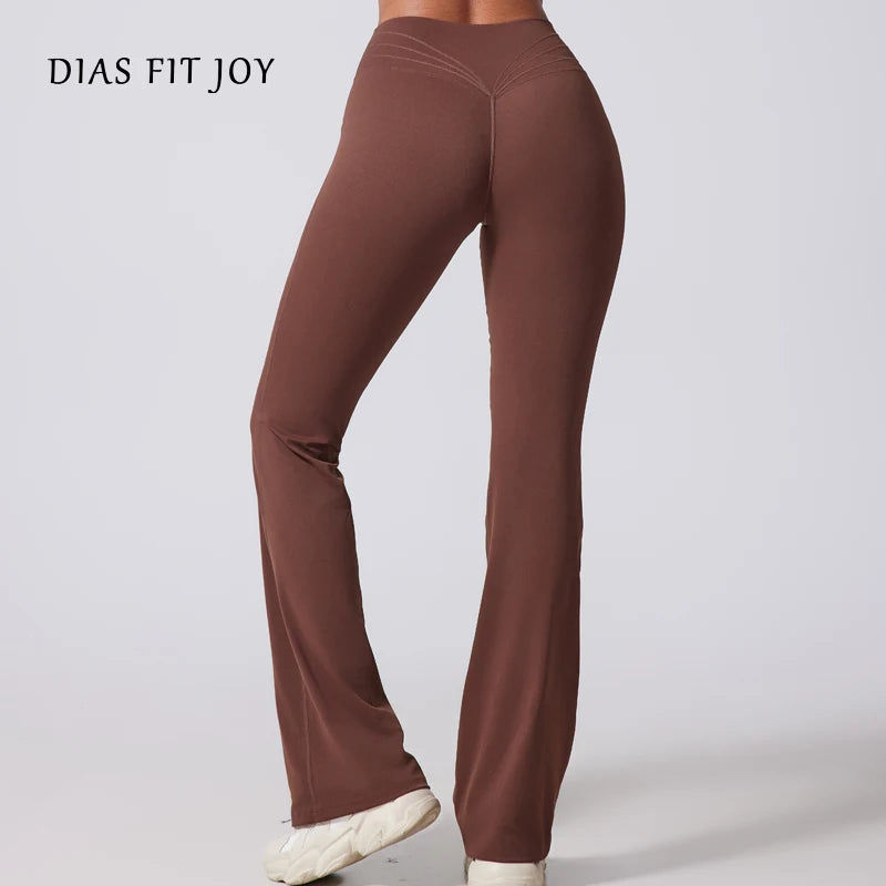 High-waisted women's hip-lifting flared yoga pants from The Clothing Company Sydney, featuring wide-leg and micro-flared design.