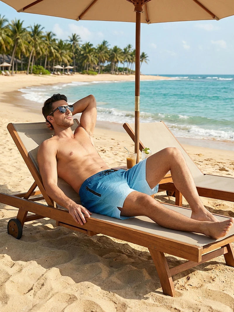 Men's casual beach board shorts by The Clothing Company Sydney with mesh liner, zipper pockets, quick-dry fabric, perfect for summer.