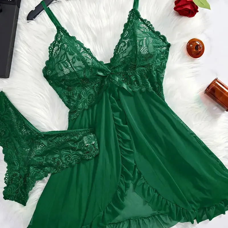 Women's plus-size lace lingerie nightgown and thong set with suspender details by The Clothing Company Sydney