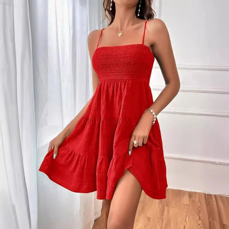 Spaghetti Strap Smocked Bustier Mini Dress Blue Ruffled Tiered Swing Dress Summer Casual Vacation Beach Wear The Clothing Company Sydney