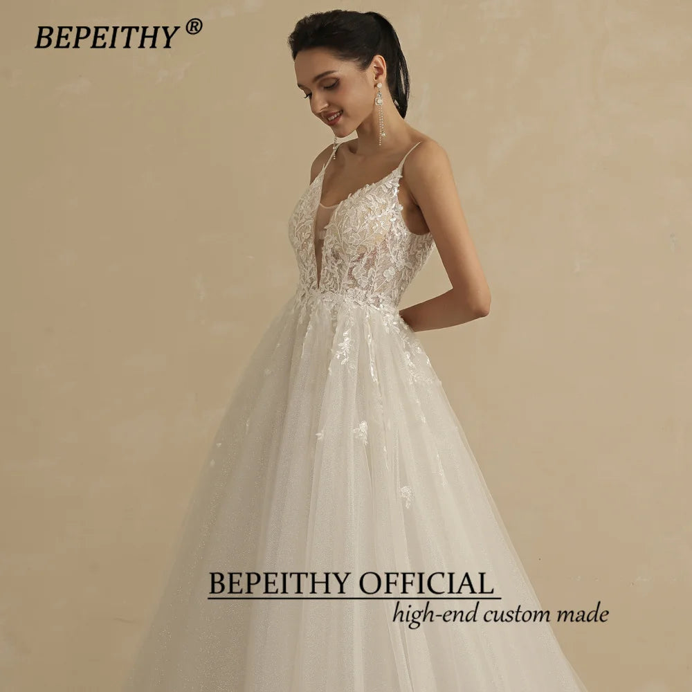 Deep V Neck Spaghetti Straps A Line Lace Wedding Dresses Glittler Sleeveless Boho Bridal Party Gown The Clothing Company Sydney