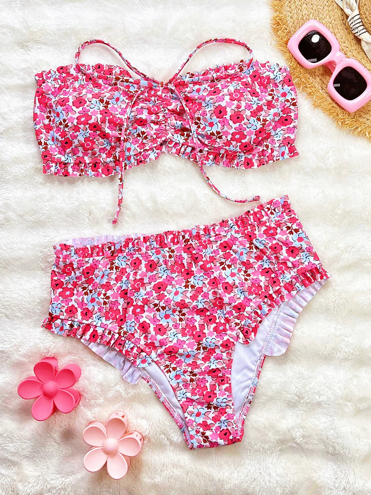 Floral print bandeau high waist bikini swimsuit for women, two-piece swimwear by The Clothing Company Sydney, stylish and comfortable.