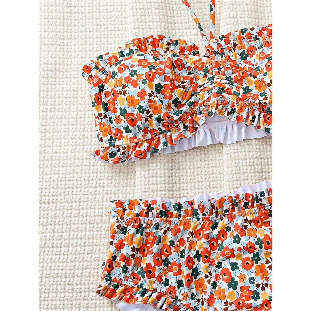 Floral print bandeau high waist bikini swimsuit for women, two-piece swimwear from The Clothing Company Sydney, with tropical floral design.