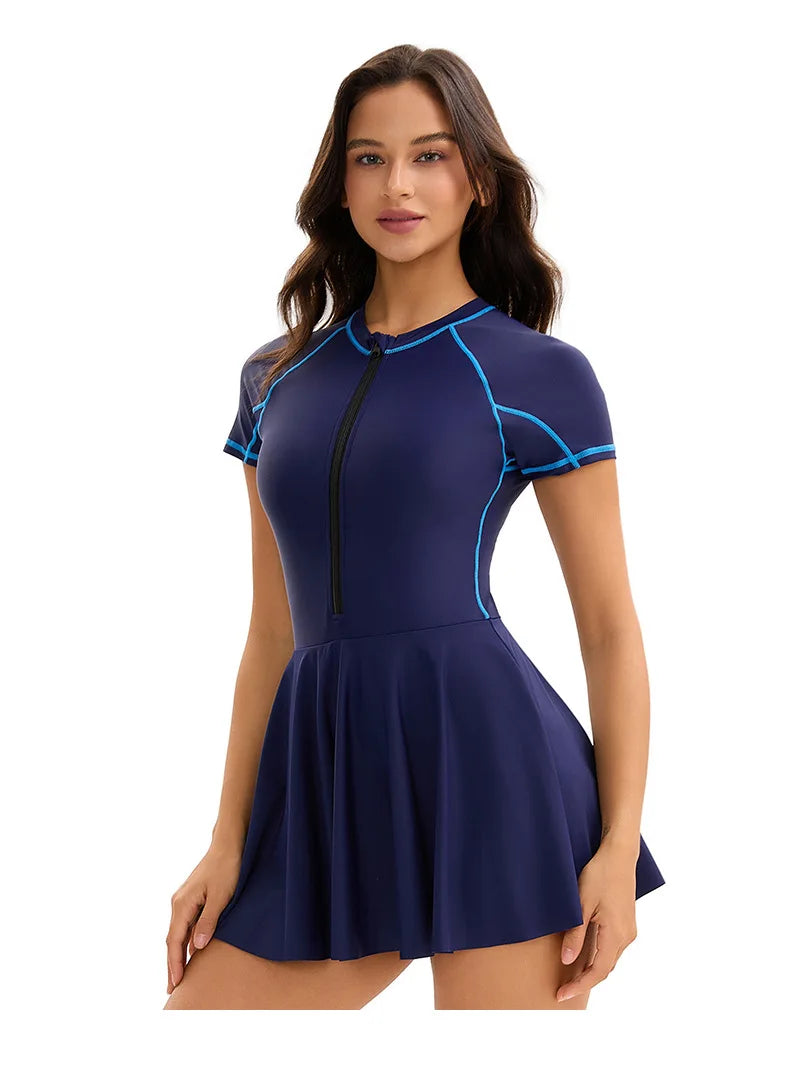 Women's one-piece swimdress with high neck, attached skirt, and sporty design swimsuit
