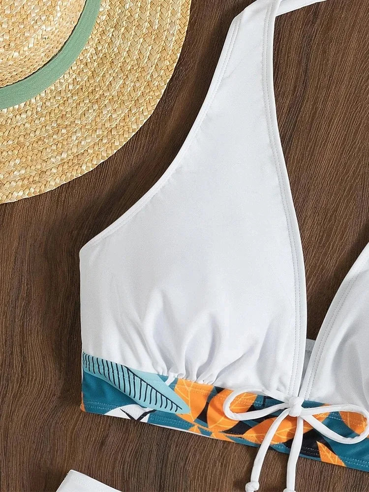 High-waist printed halter bikini set for women by The Clothing Company Sydney, featuring a stylish short swimsuit for beachwear.