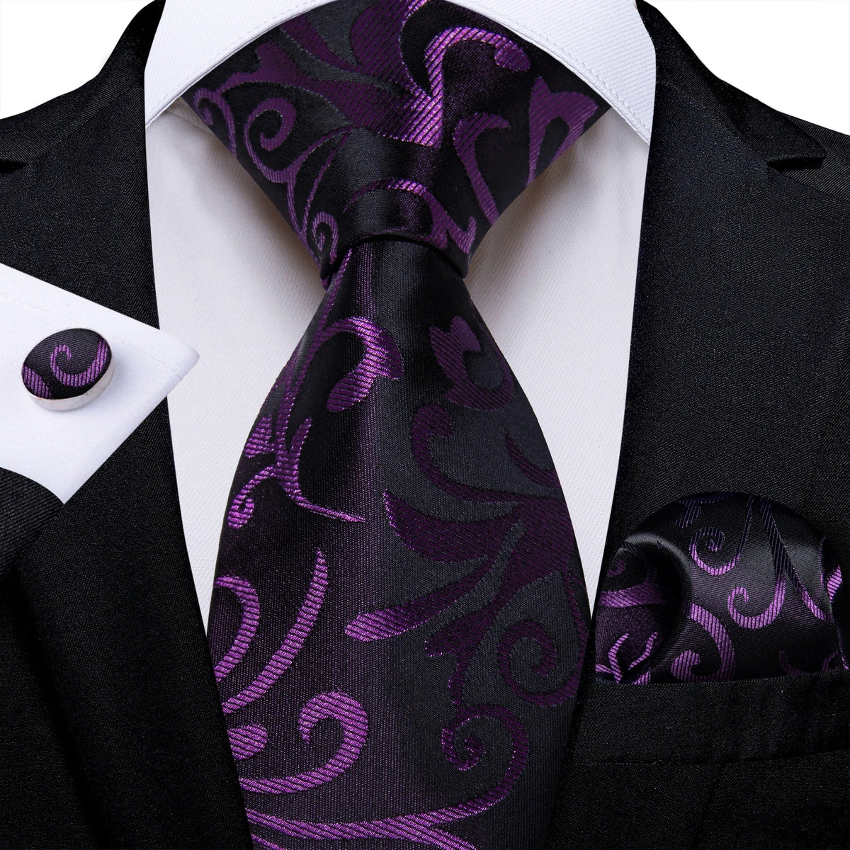 Luxury purple paisley silk tie set for men, 8cm wide, featuring matching accessories from The Clothing Company Sydney.