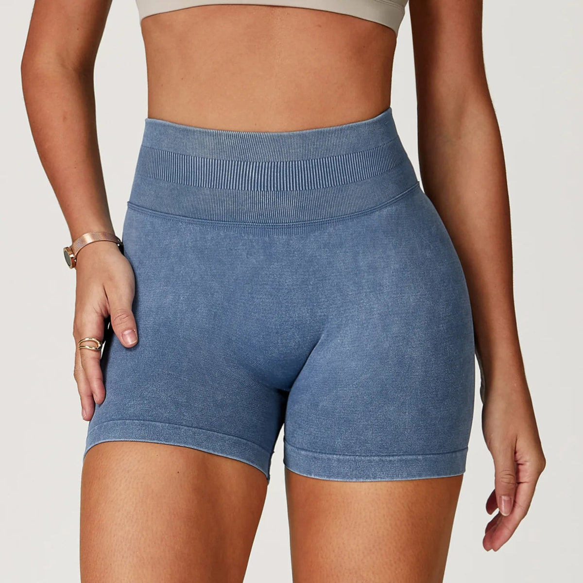 Sand-washed high waist yoga bicycle shorts for women, fitness gym workout, running, and cycling by The Clothing Company Sydney.