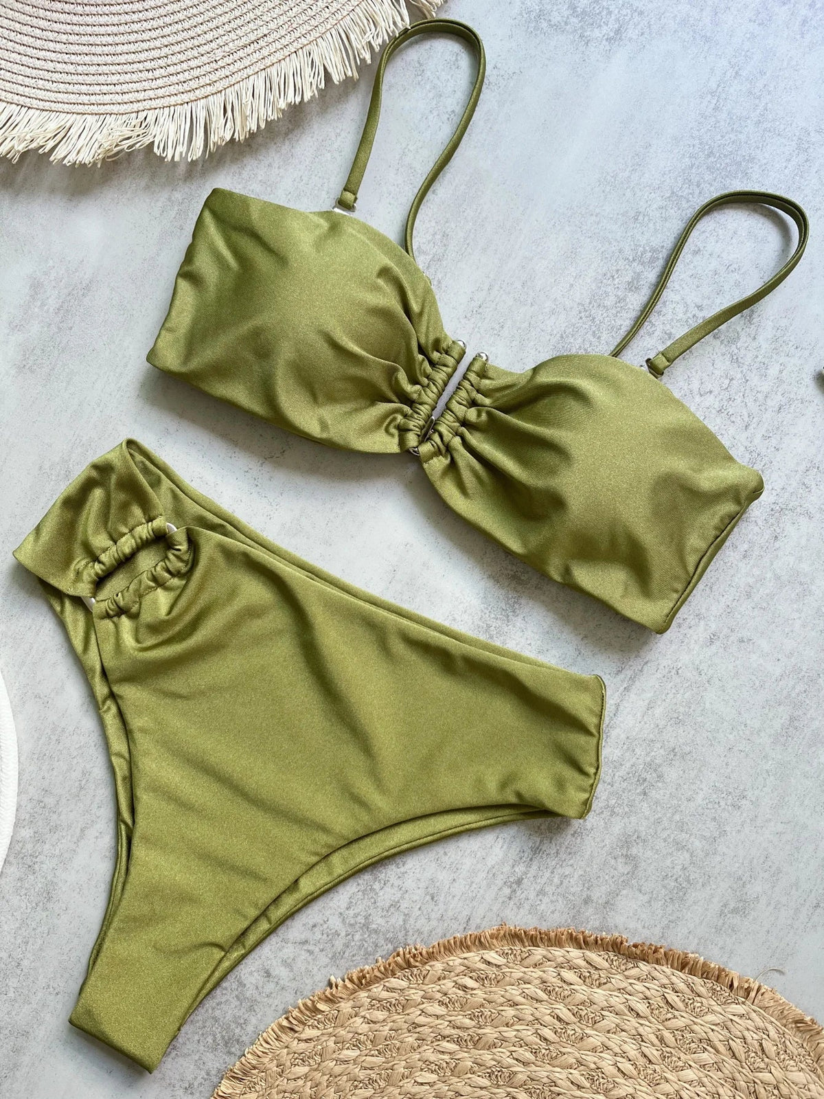 Two-piece bandeau bikini swimsuit by The Clothing Company Sydney featuring push-up top and thong bottoms in solid color, beachwear style.