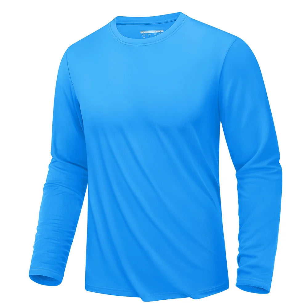 Men's UPF 80+ sun protection athletic long sleeve T-shirt by The Clothing Company Sydney, quick-dry performance sports rash guard.