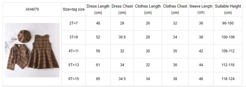 Kids girls' spring autumn outfit set featuring plaid vest dress and retro coat from The Clothing Company Sydney.