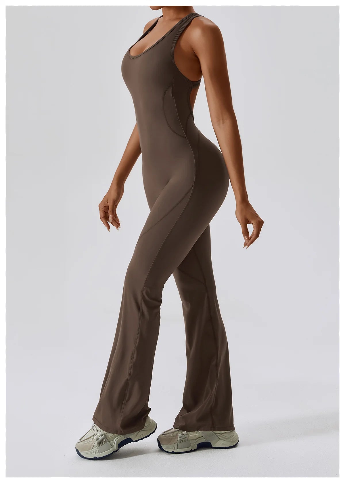 Open back fitness V jumpsuit by The Clothing Company Sydney, women’s yoga and workout bodysuit with stretch fabric and athletic fit.
