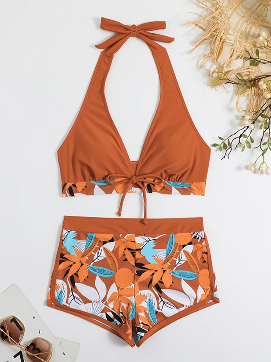 2 Piece Halter Bikini Set Shorts Swimsuit High Waist Swimwear Female Printed Bathers Swimming Bathing Swim Suit Beachwear - The Clothing Company Sydney