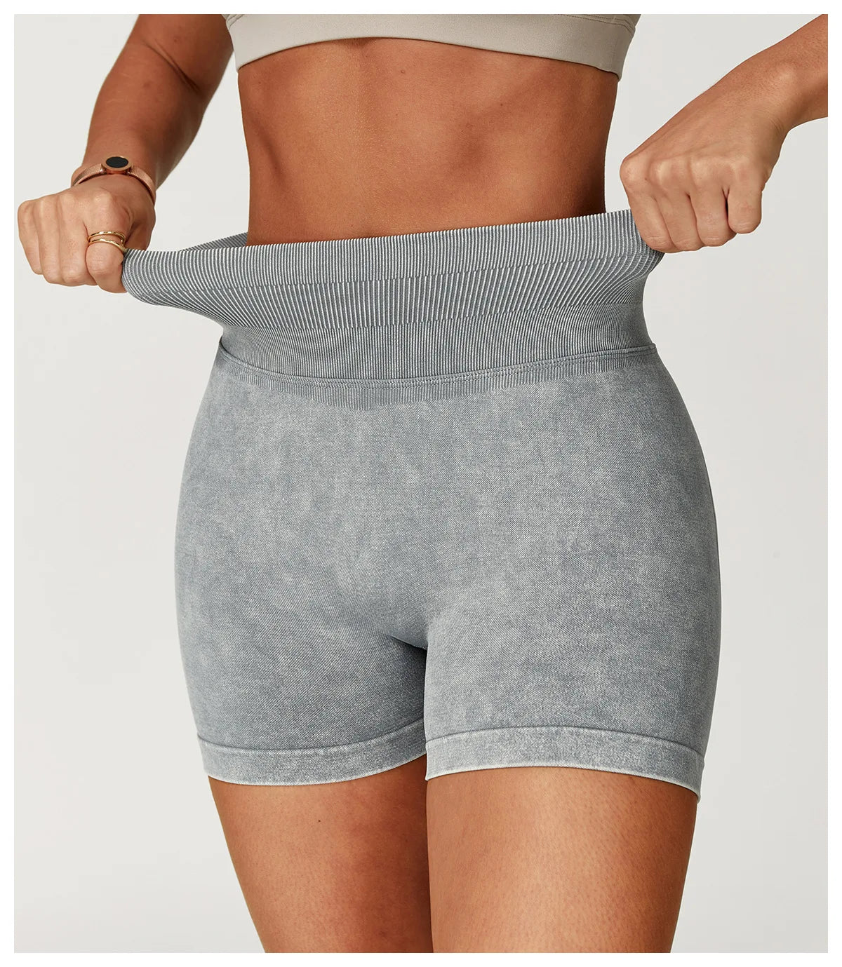 High waist women's yoga bicycle shorts from The Clothing Company Sydney, sand washed fitness shorts for workout, running, and cycling.