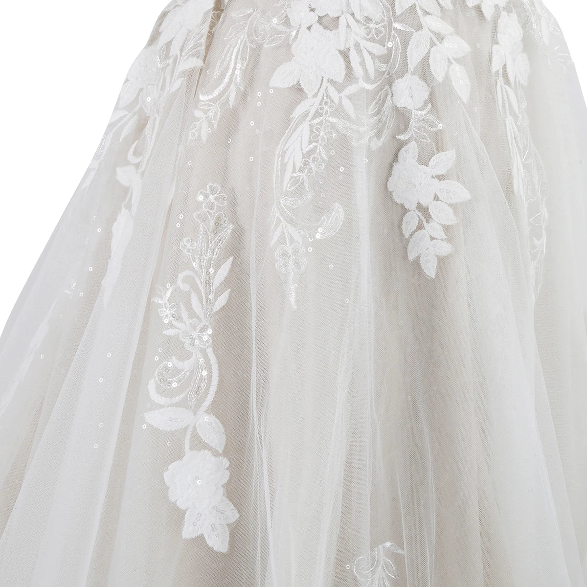 Elegant sleeveless lace wedding dress with deep V-neck and sparkly details, featuring a sweetheart neckline for bridal elegance.