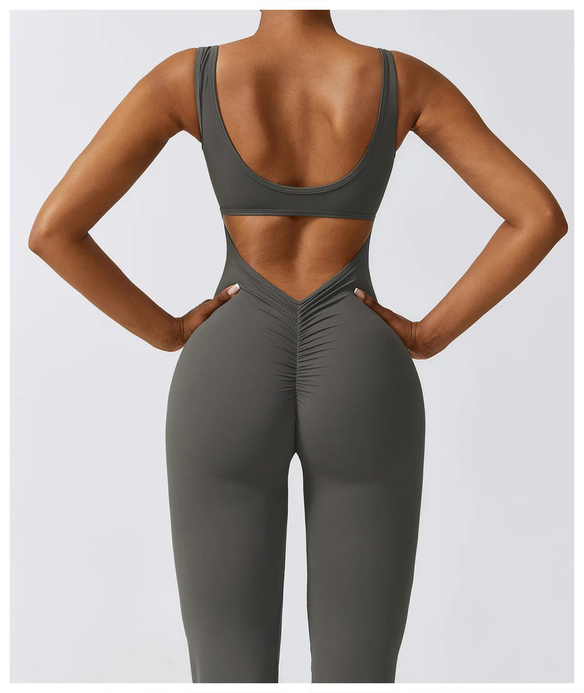 Open back V jumpsuit gym set for women, The Clothing Company Sydney, stretchy fitness bodysuit for yoga, training, and workouts.