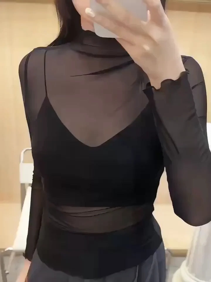 Black mesh long sleeve blouse by The Clothing Company Sydney, transparent club shirt perfect for summer beach and casual wear.