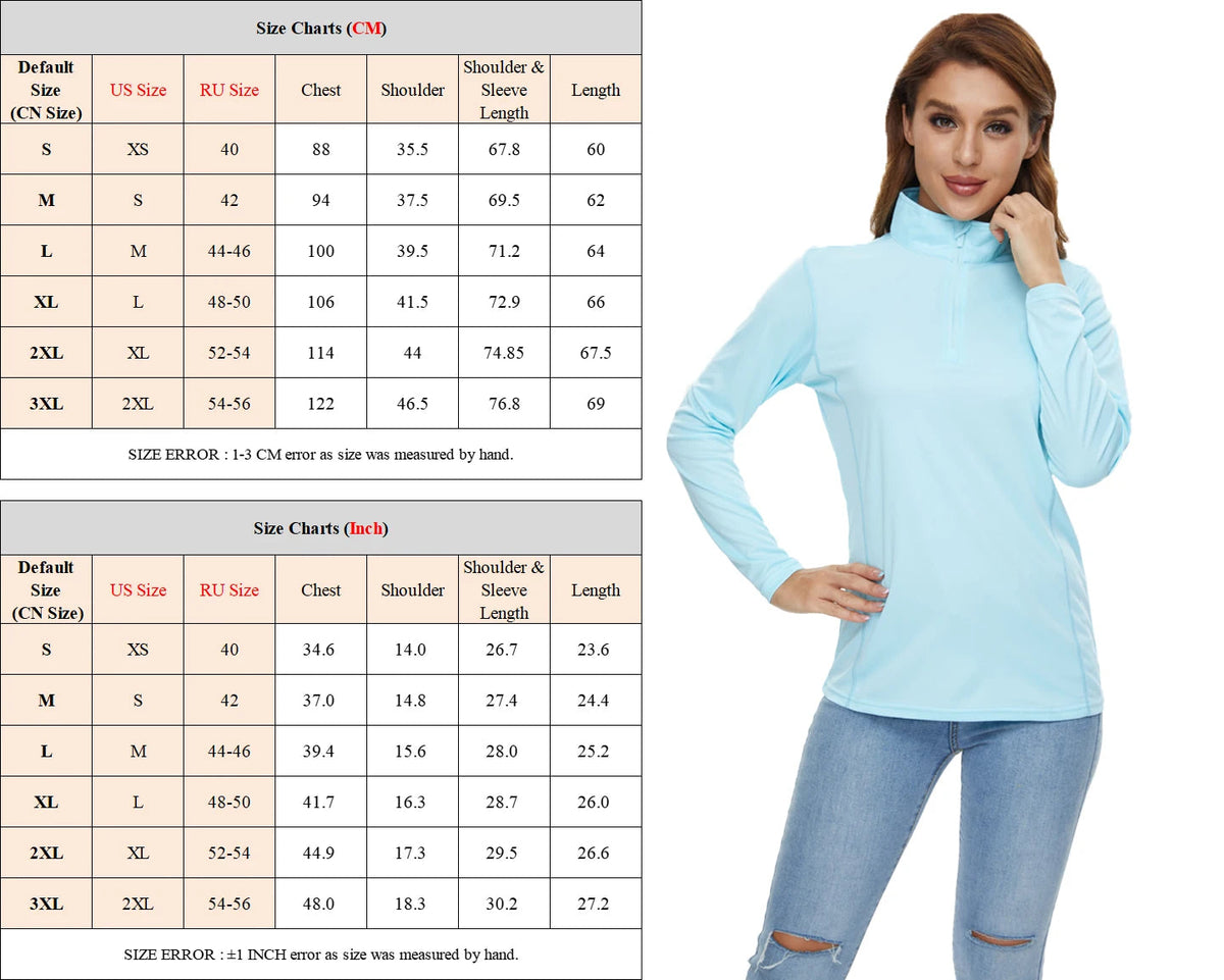 Women's UPF 50+ quick dry long sleeve T-shirt from The Clothing Company Sydney, designed for sun protection, running, hiking, and outdoor activities.