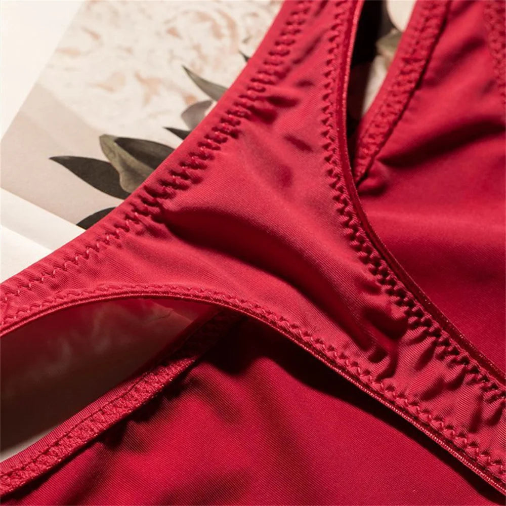 Ice silk thong with high slit, elastic pleated waistband, V-shape design, plus size fitness G-string from The Clothing Company Sydney.
