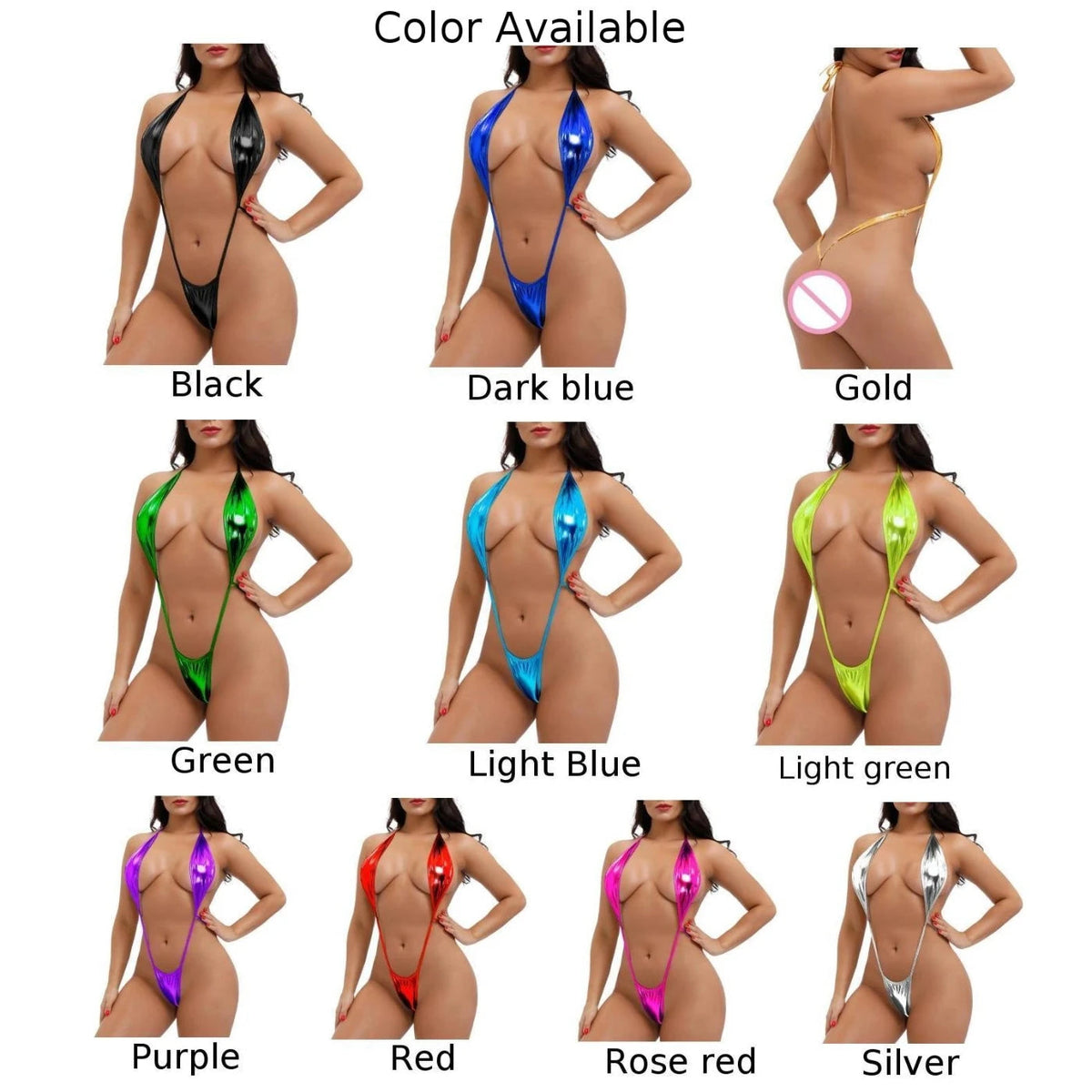 Shiny sling shot one-piece swimsuit by The Clothing Company Sydney featuring deep V backless design and matching G-string thong.