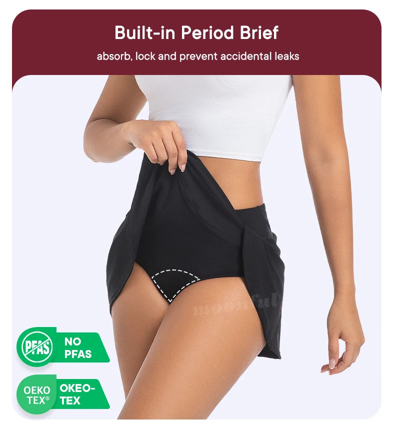 Recyclable menstrual swimsuit with built-in period swim bottoms for women, featuring a skirt and heavy flow protection.