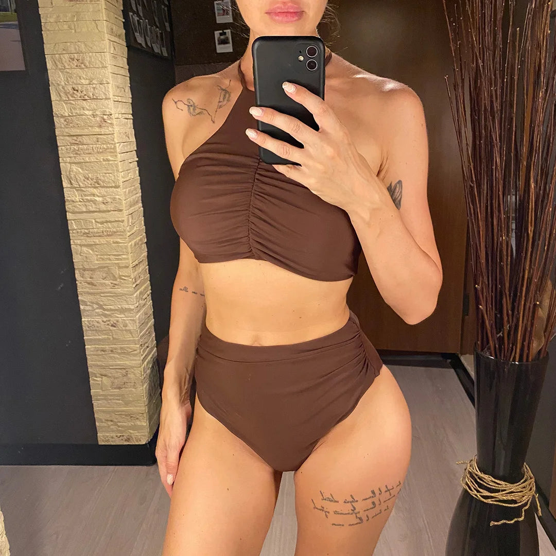Halter high neck, wrinkled high waist bikini set for women, stylish two-piece swimwear by The Clothing Company Sydney.