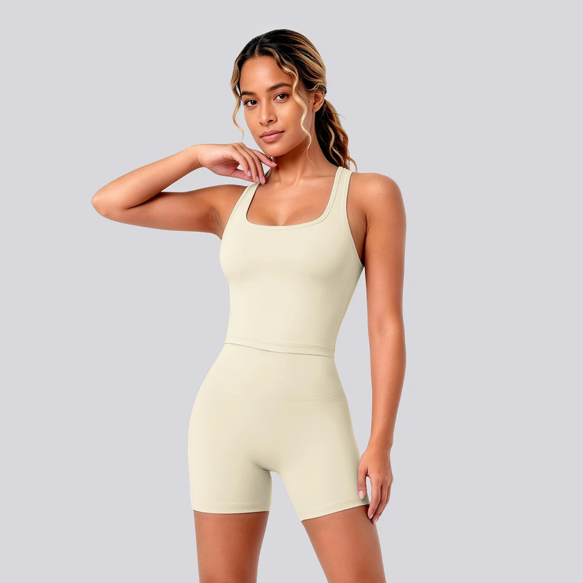 2 Piece Women's Breathable Workout Top I-shaped Vest Push Up Quick-Dry Summer Yoga Shorts Matching Set