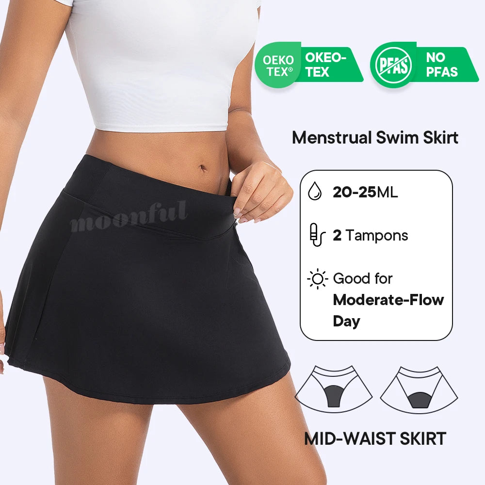 Menstrual swimsuit pool swimwear by The Clothing Company Sydney, with a skirt and heavy flow protection for women, recyclable material.