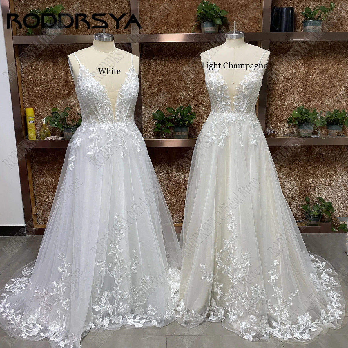 Sparkling boho wedding dress with spaghetti straps, V-neck, backless design, applique details, and a sweeping train by The Clothing Company Sydney.