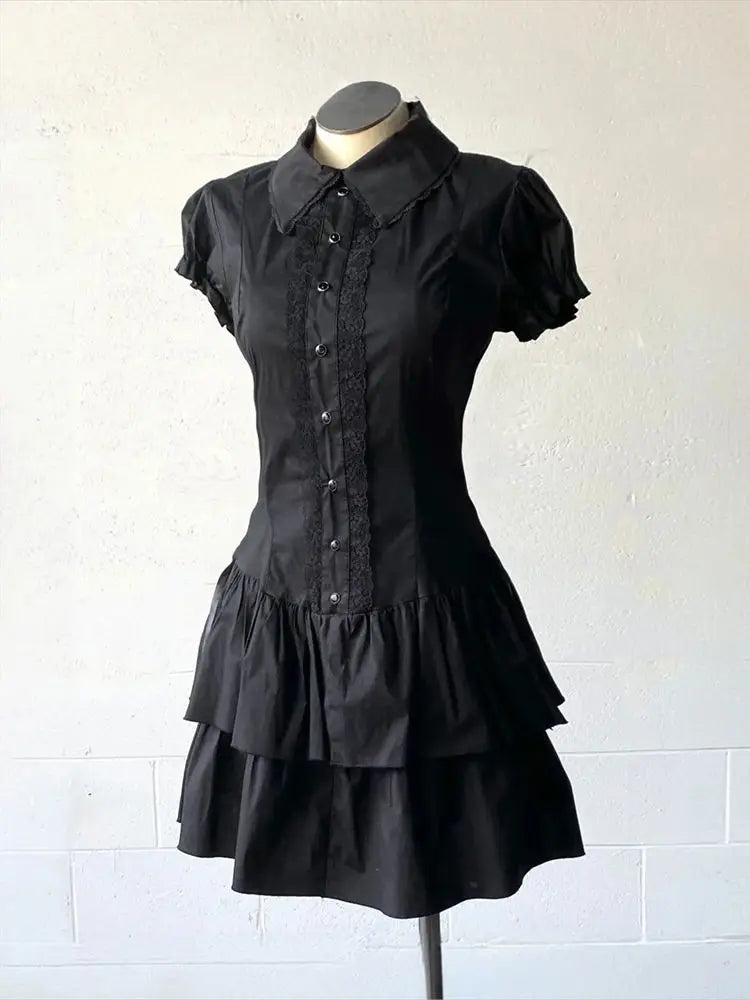 Vintage black Y2K Gothic dress with short sleeves, patchwork design, slim lapel, perfect for summer chic and Halloween style.