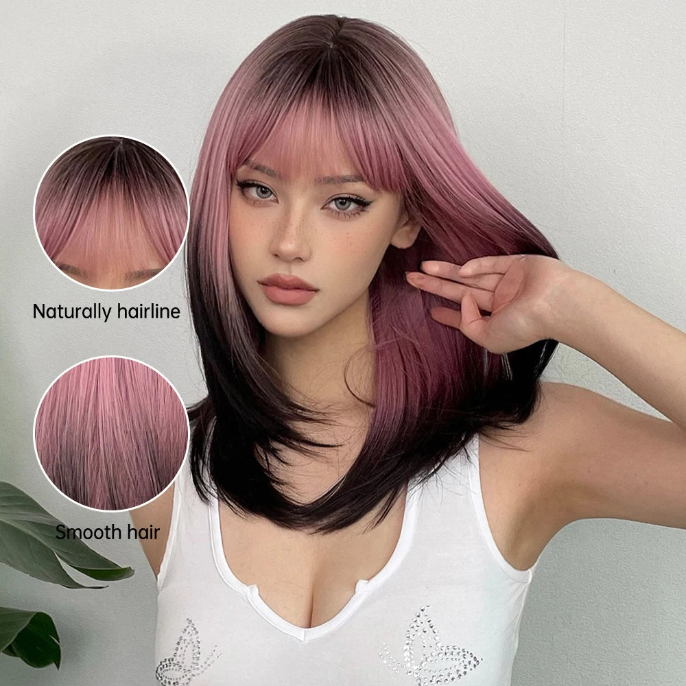Long layered straight synthetic wig with black and pink ombre hair, suitable for cosplay and women's fashion accessories.