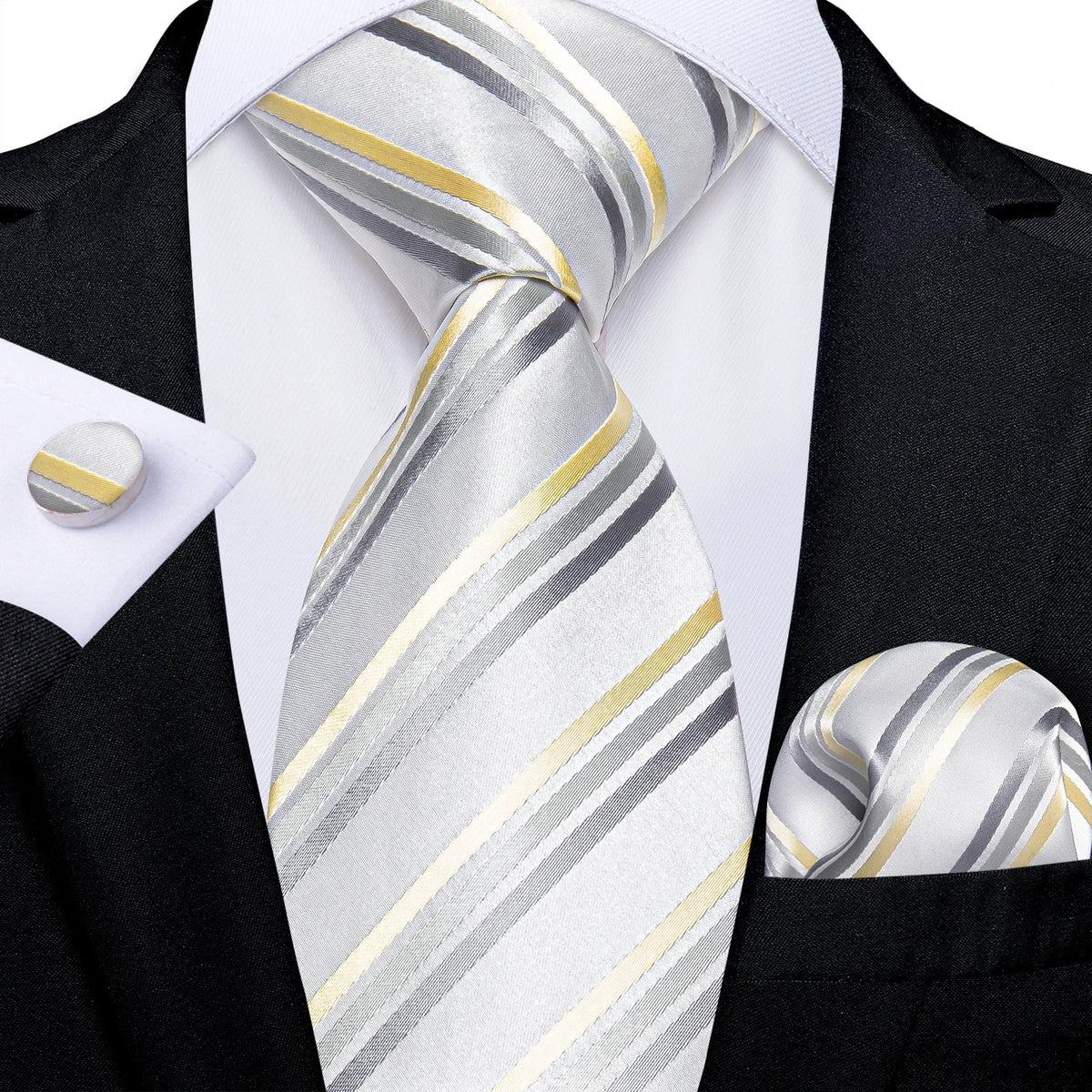 Men's gray paisley silk tie set with wedding tie, pocket square, and cufflinks, featuring elegant floral pattern and refined style.