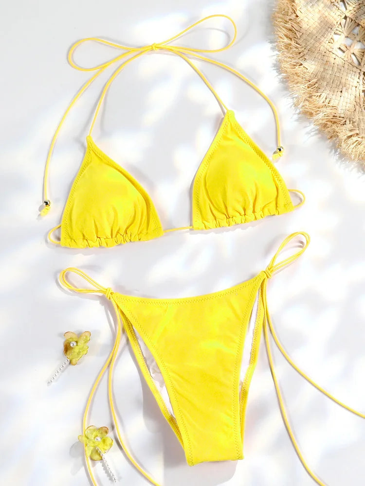 2 Piece Triangle Micro Thongs Swimsuit Bathing Suit Bandage Beachwear Print Swimwear Thong Bikini Set