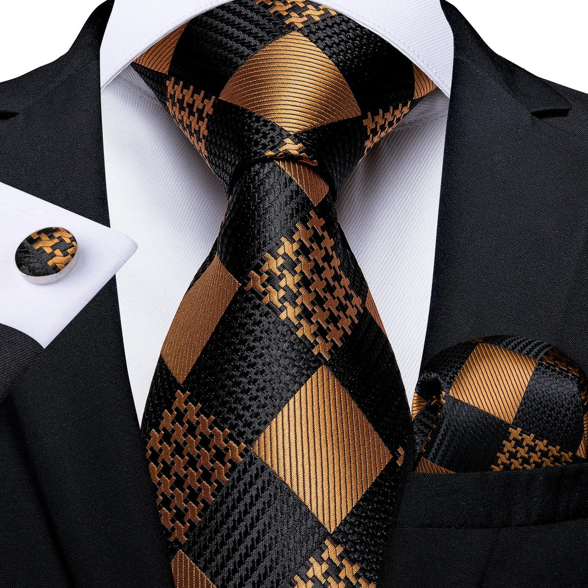 Luxury black and gold paisley silk tie set with matching pocket square and cufflinks, men's accessories by The Clothing Company Sydney.