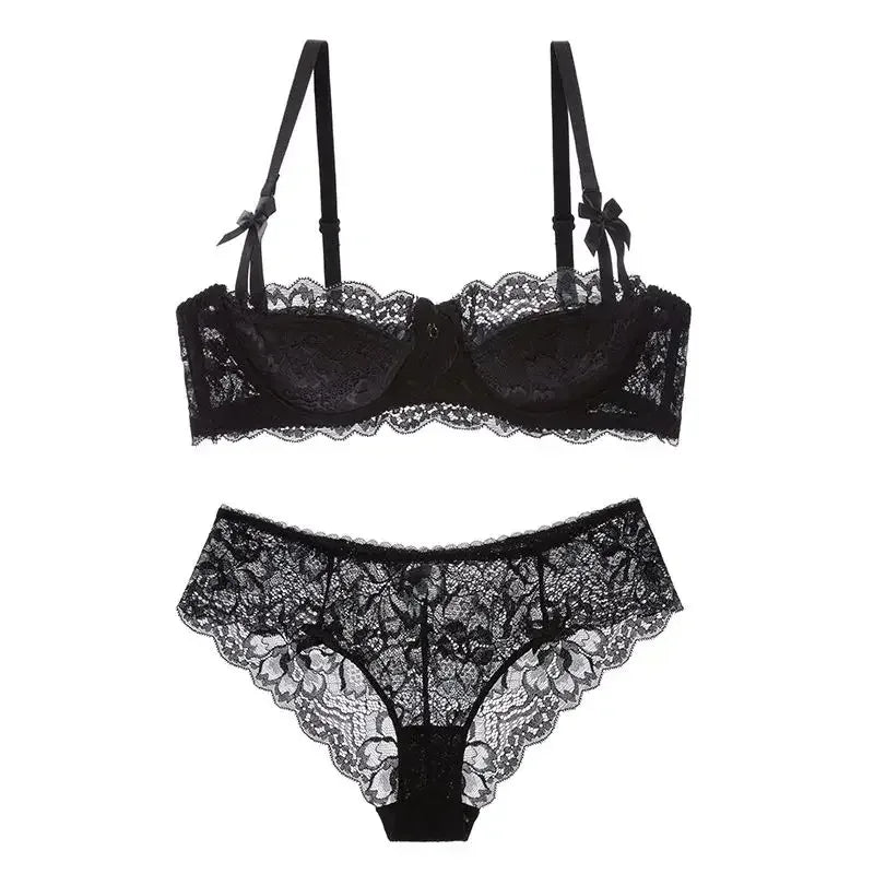 Two-piece lace pull-up bra set with bows, breathable fabric, and anti-slip cups from The Clothing Company Sydney lingerie collection.