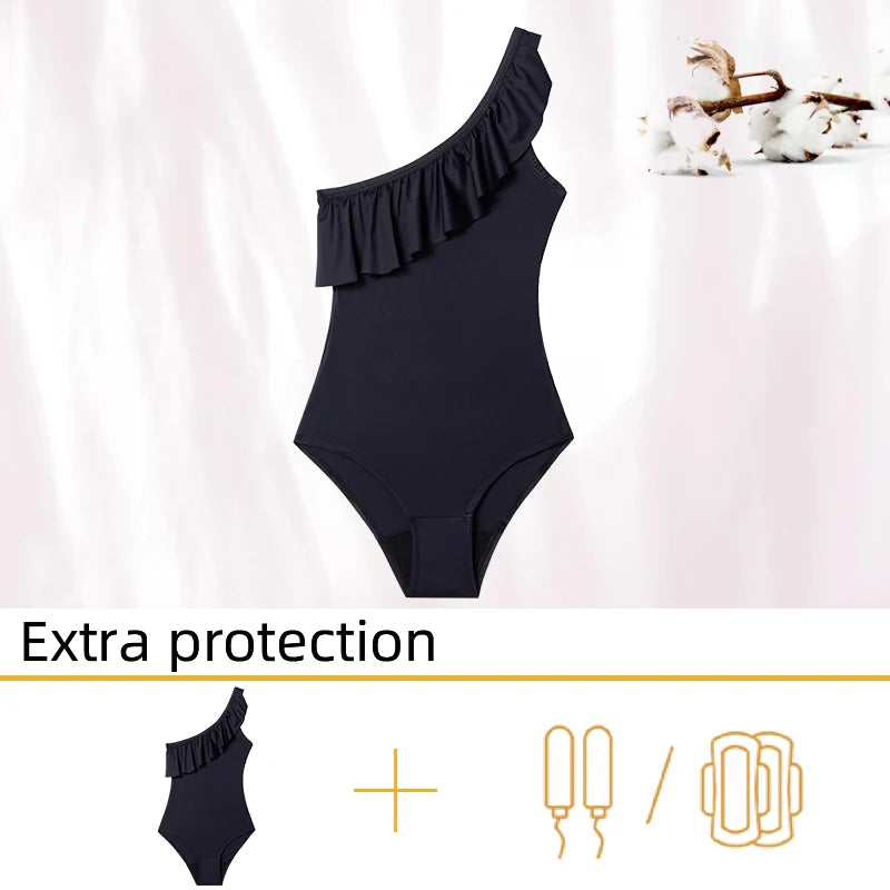 Men's one-piece menstrual swimsuit from The Clothing Company Sydney, leak-proof swimwear with absorbent period underwear for beachwear.