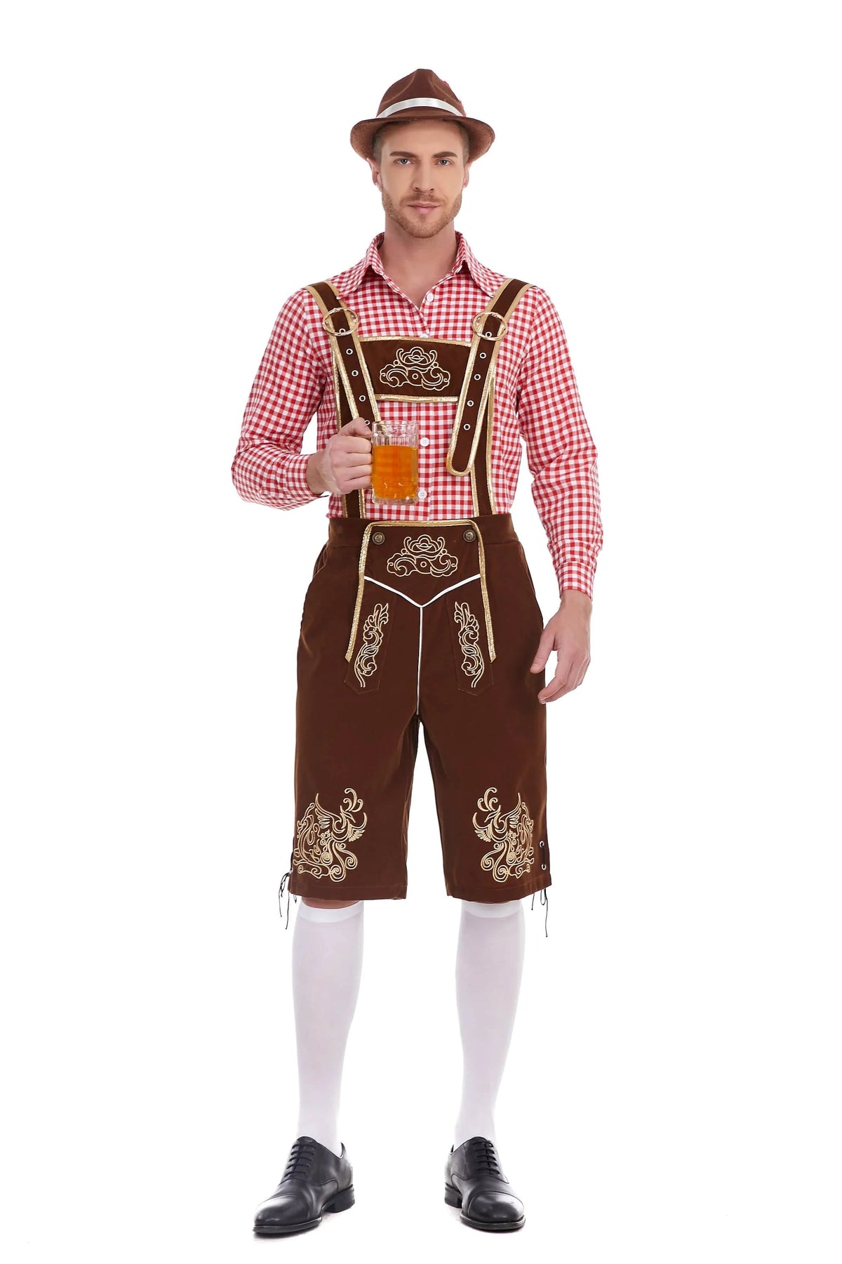 Men's Oktoberfest Lederhosen costume with suspenders, shirt, and hat, suitable for Bavarian German festivals, by The Clothing Company Sydney.
