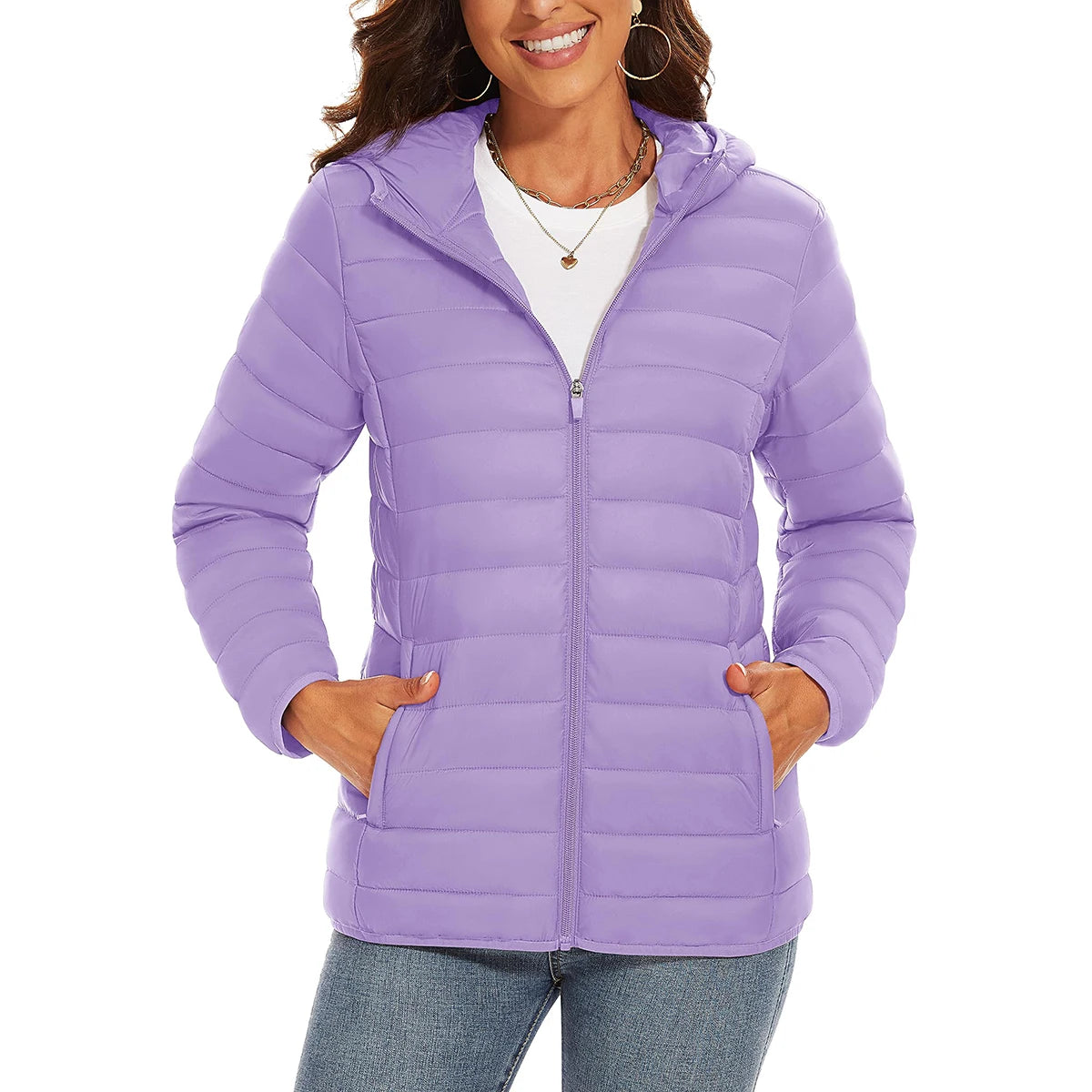 Warm women's puffer hooded quilted jacket with multiple pockets, waterproof winter coat by The Clothing Company Sydney.