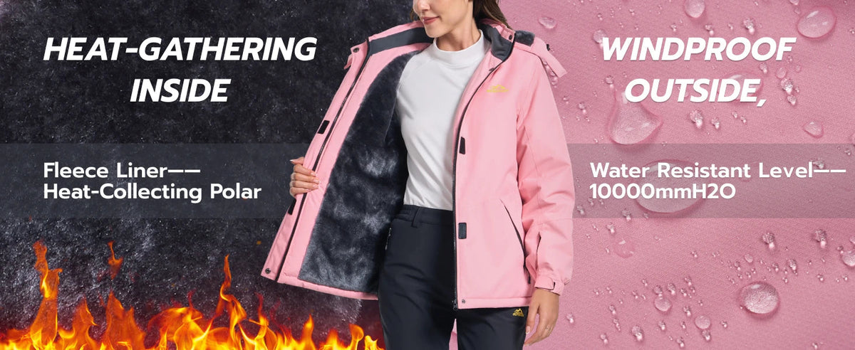 Women's winter thermal fleece-lined waterproof snow ski hood coat with windbreaker features, ideal for mountain snowboarding.