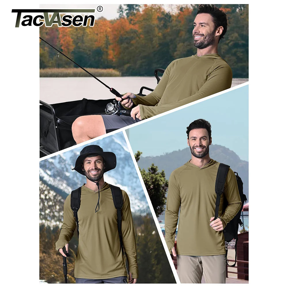 Men's UPF 50+ hooded T-shirt from The Clothing Company Sydney, quick-dry long sleeve shirt for outdoor sports and running.