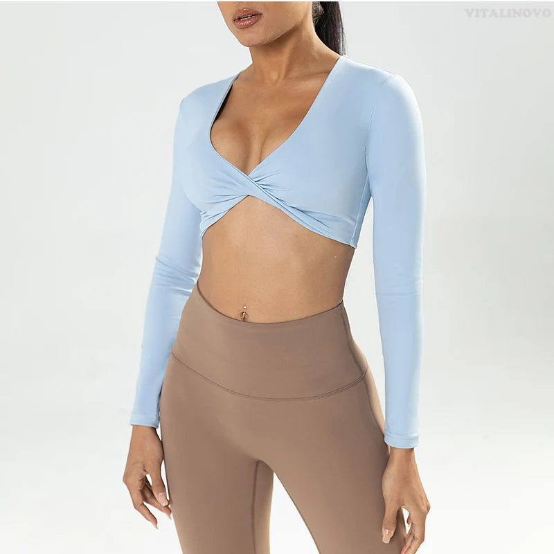 Long sleeve gym crop top by The Clothing Company Sydney featuring twist design, deep V neckline, quick-dry fabric, padded for fitness and yoga.