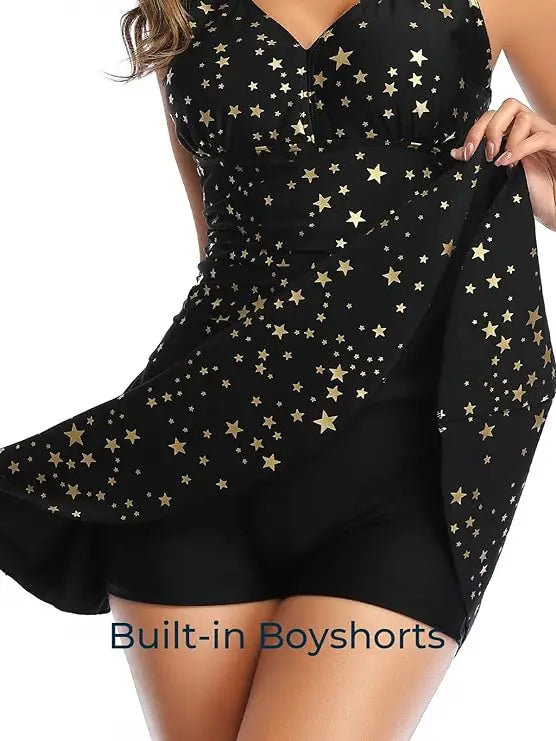 Women’s modest floral print swim dress by The Clothing Company Sydney, plus-size padded one-piece swimsuit with full coverage.