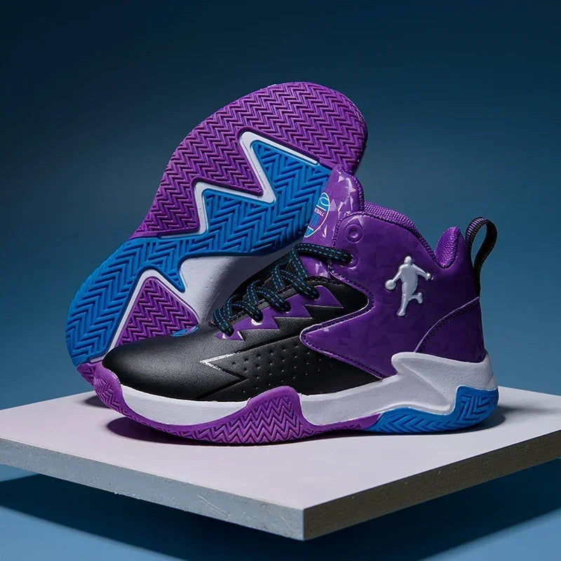 Kids basketball shoes from The Clothing Company Sydney, breathable sneakers with non-slip soles, in vibrant colors.