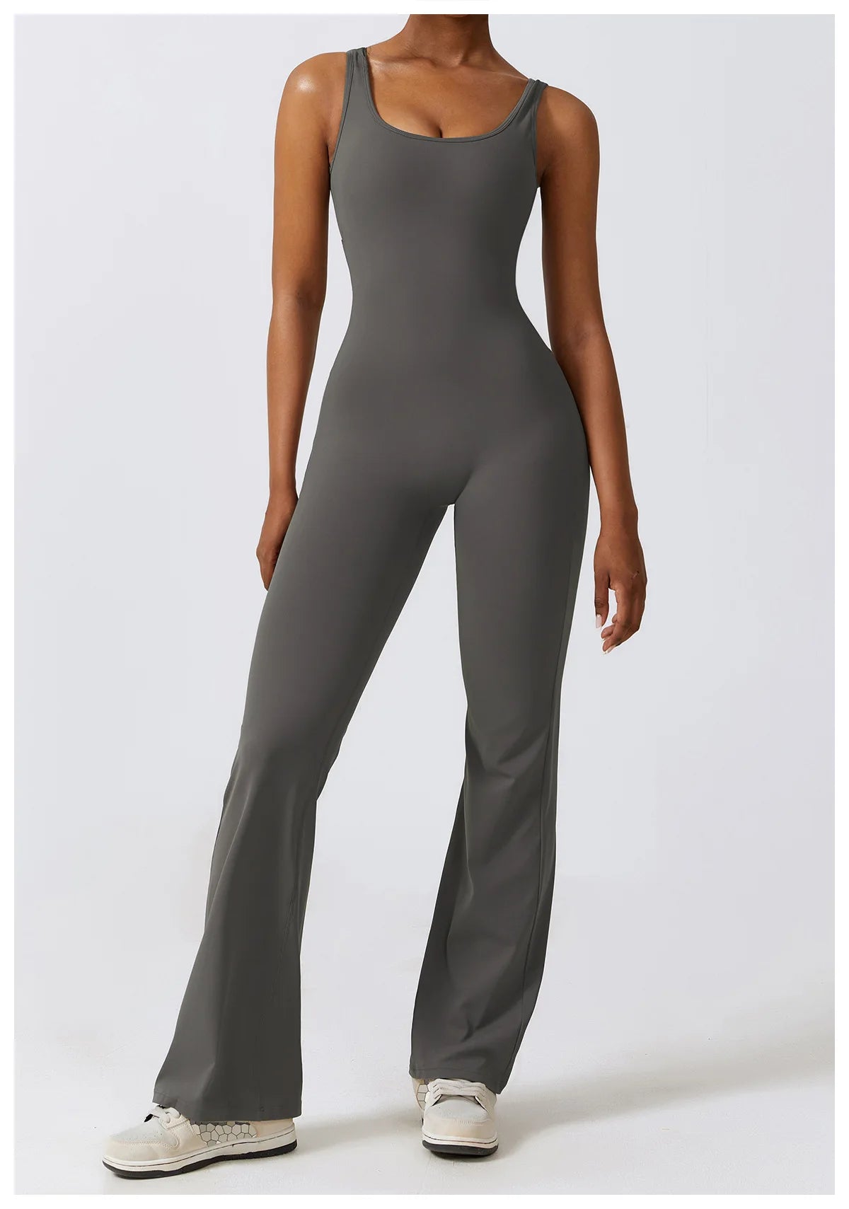 Open back V jumpsuit gym set by The Clothing Company Sydney, women's fitness sportswear with stretch bodysuit for yoga and workouts.