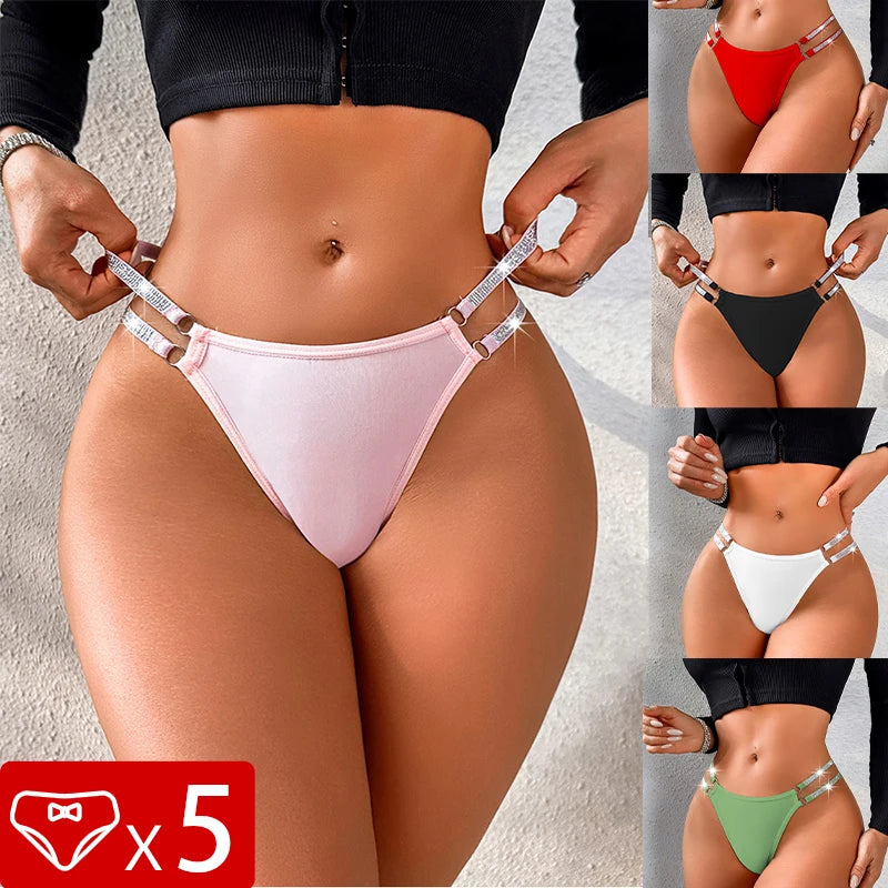 Five-pack women's low waist G-string panties by The Clothing Company Sydney, breathable and lightweight lingerie thongs.