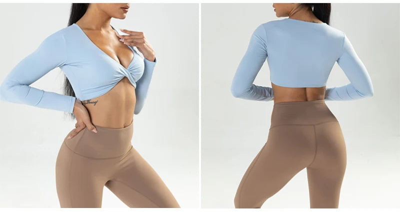 The Clothing Company Sydney long sleeve gym crop top with twist detail, deep V neckline, padded, quick dry fabric, ideal for workout and yoga.