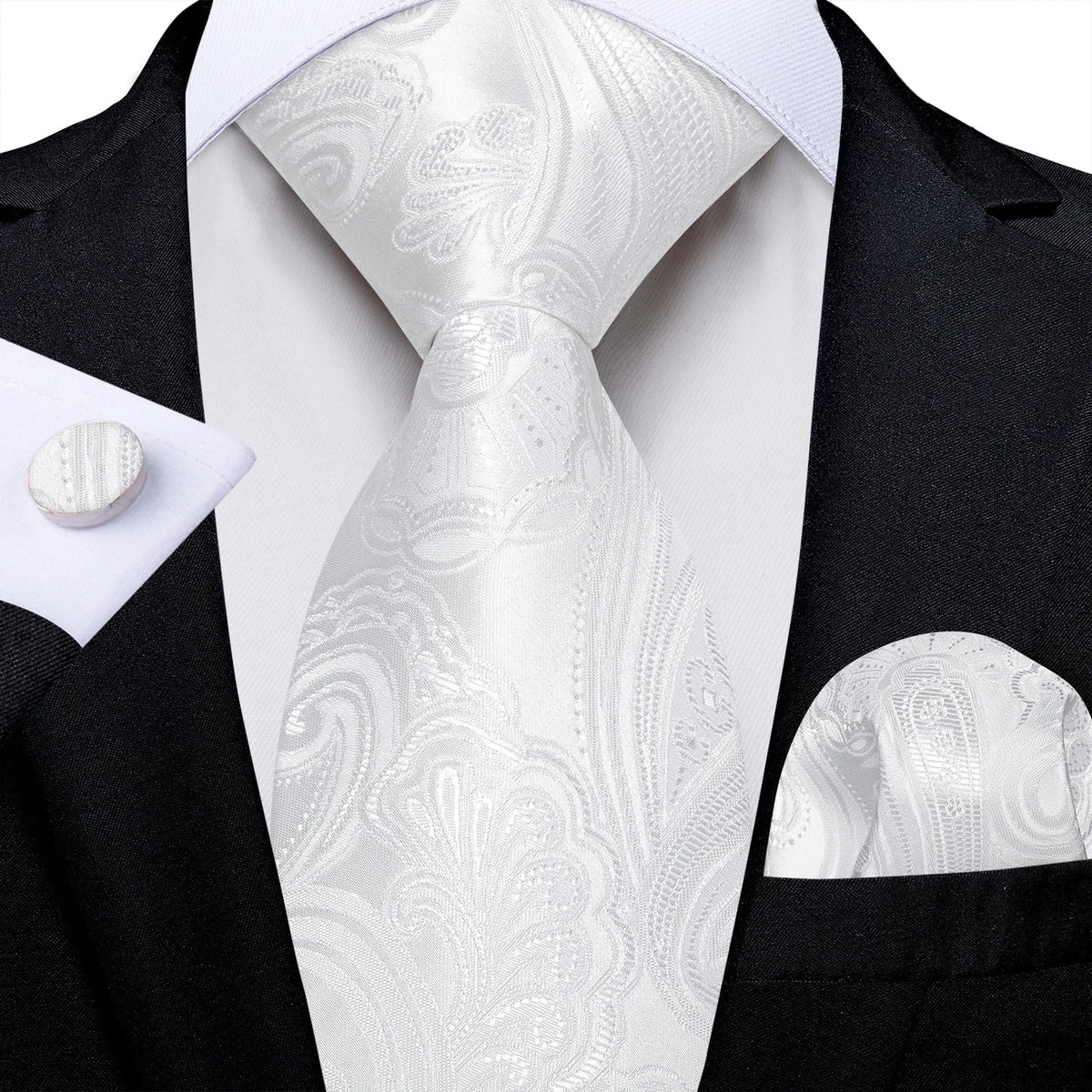 Men's gray paisley silk tie set with matching pocket square and cufflinks, perfect for wedding attire by The Clothing Company Sydney.